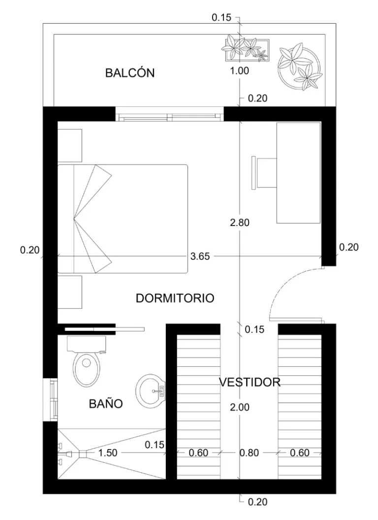 PLANO DE DORMITORIO CON BAÑO, VESTIDOR Y BALCÓN - Imagen destacada